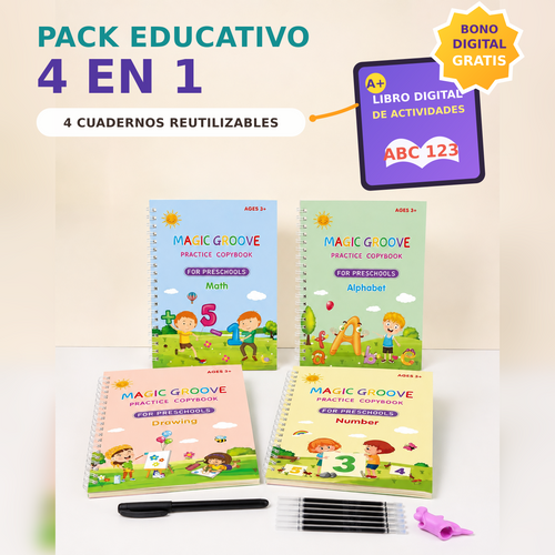 Kit Aprende Jugando™ — 4 Cuadernos Mágicos Reutilizables + Bono Educativo GRATIS